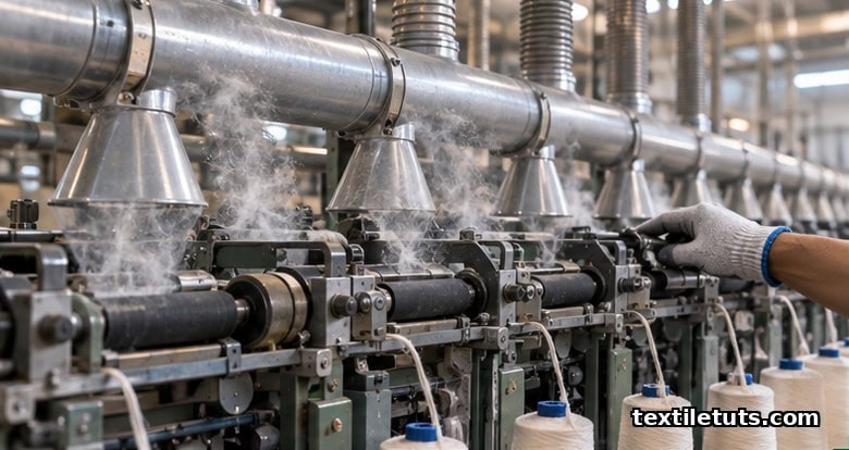 Row of spinning frames fitted with pneumafil suction ducts capturing cotton fly, illustrating draft optimisation and maintenance controls.