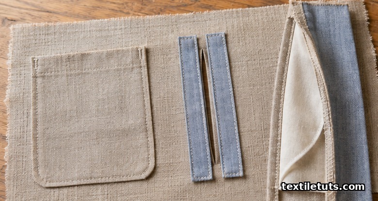 Three fabric swatches showing patch, welt, and inseam pocket constructions laid out on neutral linen.