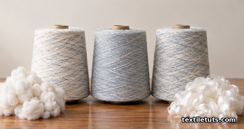 Studio still-life of cream and pale blue poly-cotton yarn packages with loose cotton tufts and polyester staple fibers.