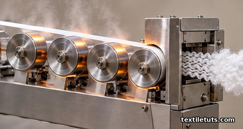 Polyester filaments passing over heated godet rolls and entering a stuffer-box crimper on a draw line.