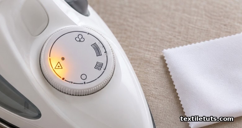 Close-up of an iron temperature dial set to the synthetic low-heat position beside a white polyester fabric swatch.