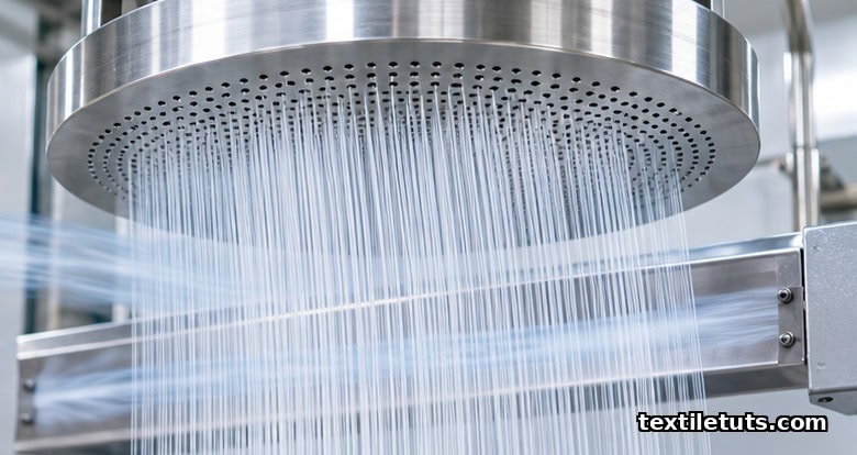 Close-up of a spinneret plate extruding fine polyester filaments downward through a cross-flow cooling duct.