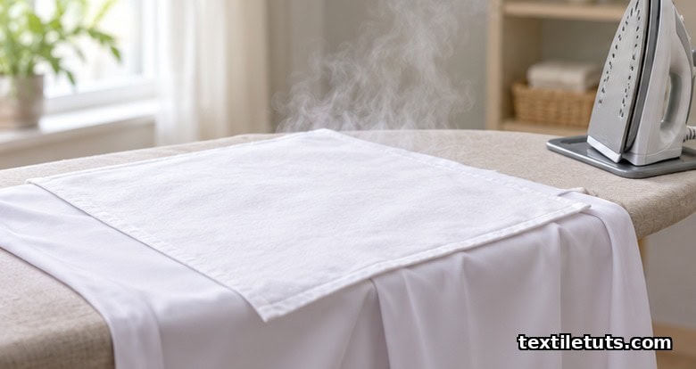 Clean white cotton handkerchief pressed flat over a polyester garment on an ironing board with iron resting nearby.
