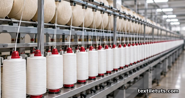 Ring spinning frame with multiple white polyester yarn cops wound on spindles in a yarn mill.