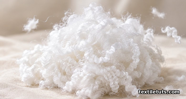 Loose bundle of crimped white polyester staple fiber with visible individual filaments on a neutral cream background.