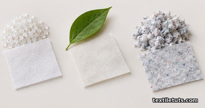 Sustainability still life of polypropylene pellets, compostable PLA spunbond, and recycled nonwoven shreds.