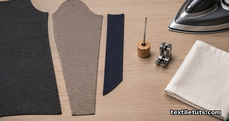 Cutting table with ponte di Roma fabric panels, ballpoint stretch needle, walking foot, pressing cloth, and iron arranged for sewing.