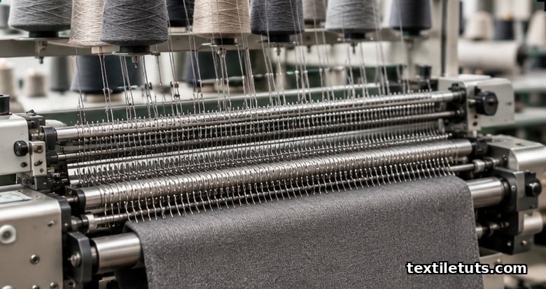 Flat-bed knitting machine with two needle beds producing dense ponte di Roma double-knit fabric in a textile workshop.