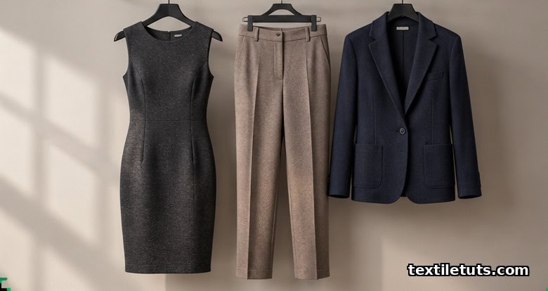 Tailored ponte di Roma knit garments on hangers: sheath dress, cigarette trousers, and unlined blazer holding structured silhouettes.