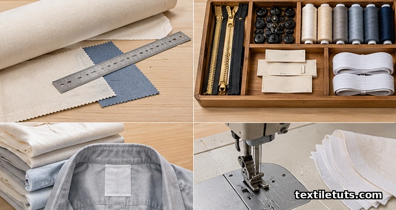 Four-quadrant flat lay of PPI inputs: fabric bolt with lab-dip swatch, trim tray of zippers and thread, folded shirts, sewing needle area