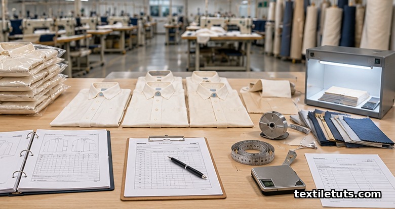 Empty PPI workstation on factory floor showing golden samples, tech-pack binder, first-cut shirts laid flat, and inspection tools