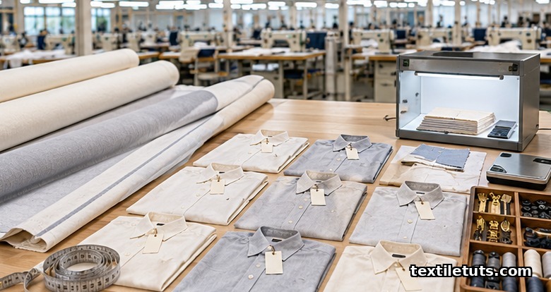Pre-Production Inspection workstation: fabric bolts, first-cut shirts laid in a grid, measuring tape and D65 light booth on a factory table