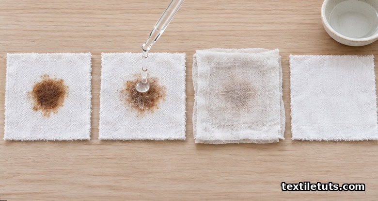 Four sequential stages of fabric stain pre-treatment from initial stain to clean rinse on cotton swatches.