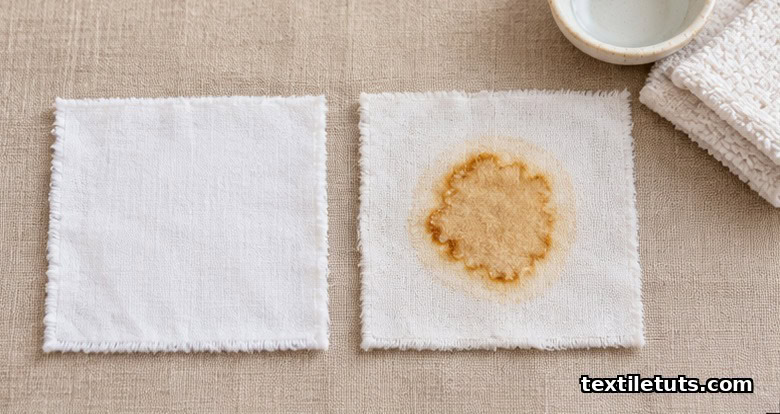 Pristine white cotton beside a heat-set stain showing permanent damage from skipping the check before drying.
