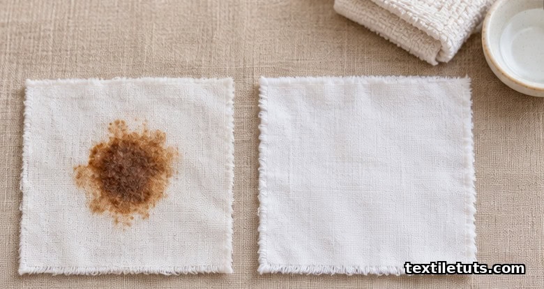 Side-by-side of an untreated coffee stain and a fully removed stain on matching white cotton swatches.
