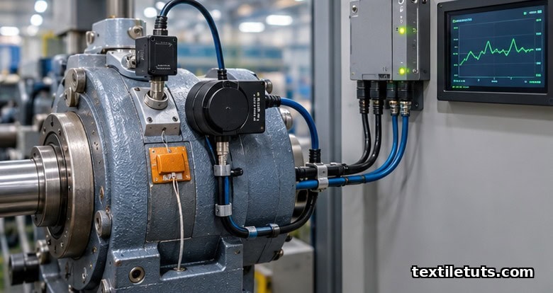 Vibration, thermal, and current sensors mounted on a ring-frame bearing housing, wired to an edge controller with a trending waveform on its HMI screen.
