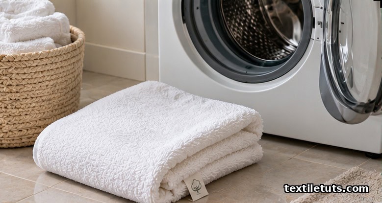 White cotton towel folded beside an open washing machine drum in a tiled laundry room