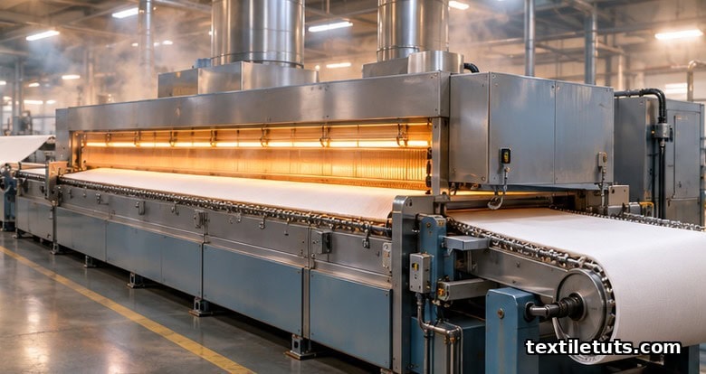 Polyester fabric passing through a heated stenter chamber in a textile mill, undergoing thermal stabilization.