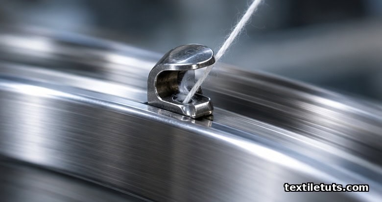 Magnified C-shaped pressed steel traveler clip resting on a steel ring track, a fine yarn strand threading through it.