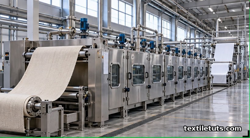 Continuous pretreatment range in a cotton wet-processing mill with greige fabric entering and bleached fabric exiting the J-box scouring line.