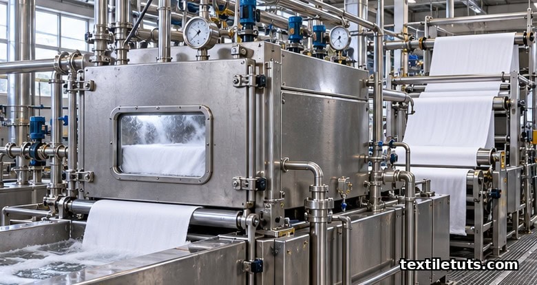 Hydrogen peroxide bleaching range with sealed pad-steam chamber, stainless steel rollers, and alkali bath tanks in a textile mill.