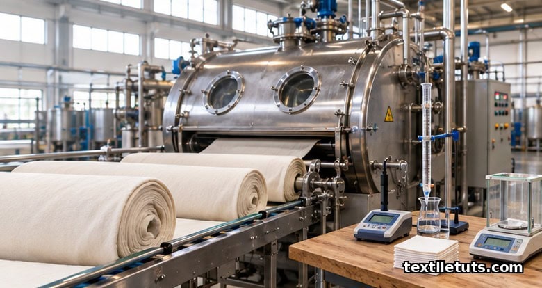 Cotton fabric rolls feeding into a stainless-steel jet machine with QC lab tools on a workbench.