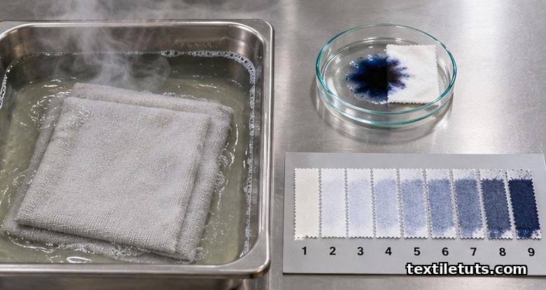 Cotton fabric in an enzymatic desizing bath beside an iodine-starch TEGEWA rating swatch row.