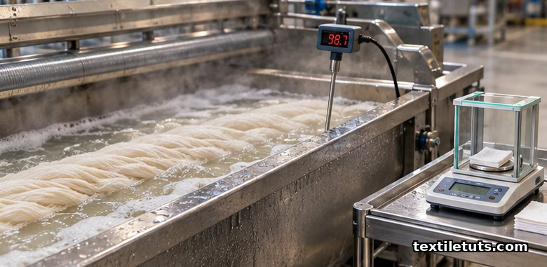 Hot caustic scouring bath with woven cotton rope and a fabric sample on an analytical balance.