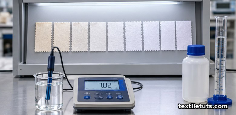 Bleached cotton whiteness swatch row under D65 light with a buffered pH electrode and beaker.