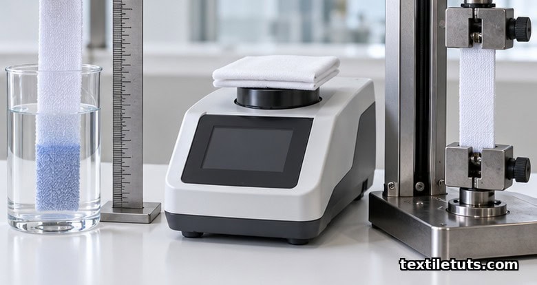 Textile quality-control workstation with a wicking-test strip in water, a spectrophotometer measuring cotton whiteness, and a tensile-strength clamp.