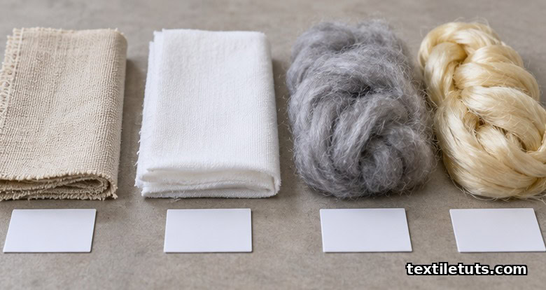 Four textile substrate samples on a workbench: greige cotton, bleached cotton, raw wool, and natural silk, labeled with small white cards.