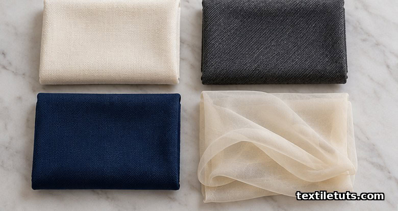 Folded swatches of cotton shirting, wool suiting, ponte knit, and silk chiffon arranged as a textile grid.