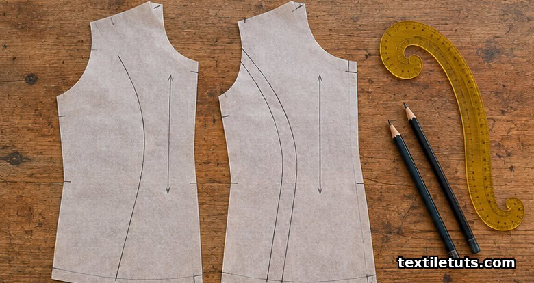 Two translucent pattern paper pieces on a wooden table, one showing a single curved princess seam, the other a double princess seam.
