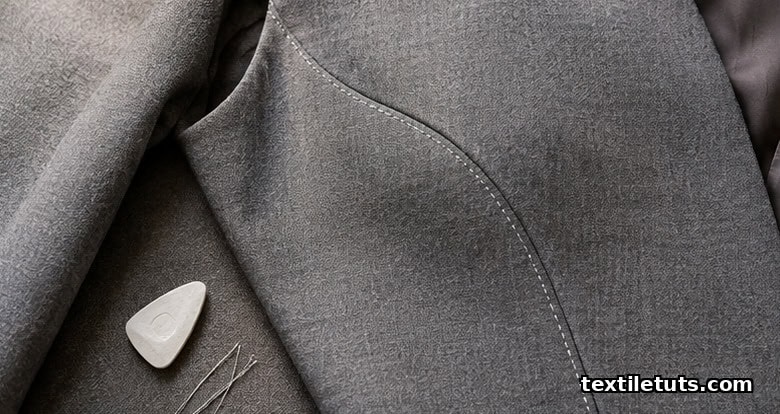 Close-up of a curved princess seam pressed open on a tailored wool jacket, fine even stitching and shaping visible.