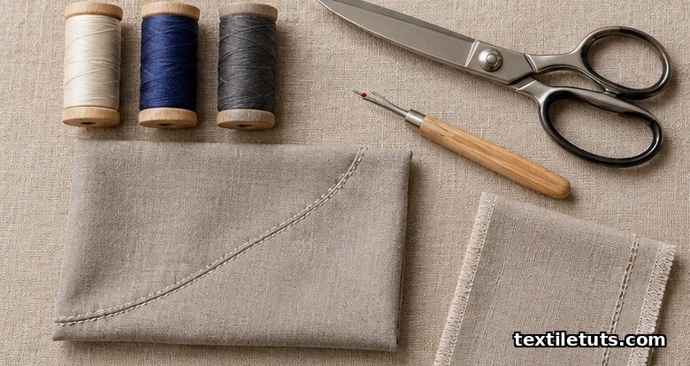 Flat-lay of wooden thread spools, shears, and seam ripper on linen beside a stitched curved seam swatch.