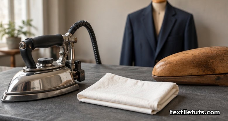 Tailor's pressing station with industrial iron, pressing cloth, tailor's ham, and navy wool blazer