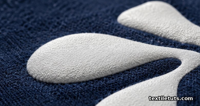 Macro close-up of a thick raised puff print on dark navy cotton fleece showing the soft three-dimensional texture.