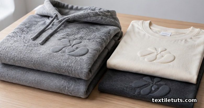 Folded cotton fleece hoodies and cotton jersey tees with subtle raised puff prints on the chest.