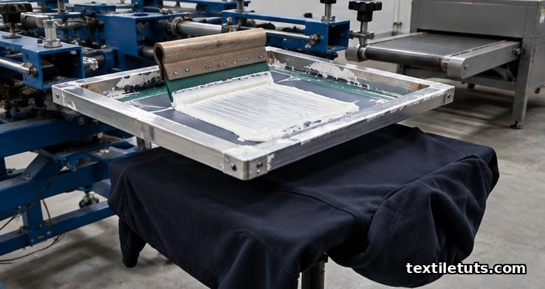 Screen printing workshop with a loaded mesh frame, squeegee, and cotton hoodie on the platen beneath.