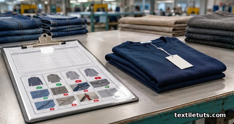 Garment QC inspection clipboard with laminated forms on a cutting table beside folded fabric bolts.