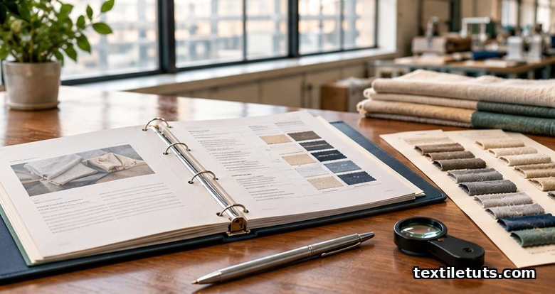 ISO 9001 quality documentation binder open on a textile mill desk beside rows of fabric swatches.