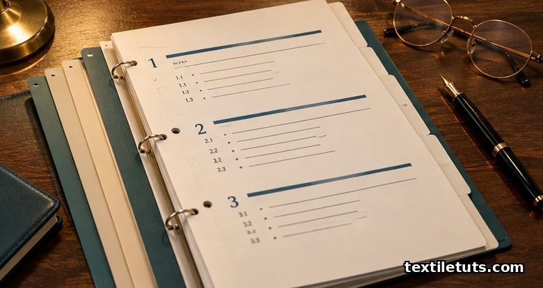 Quality manual pages fanned on a desk beside a reading glass, showing numbered clause structure.