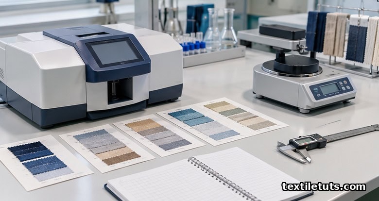 Textile laboratory workbench with spectrophotometer, fabric swatch reference cards, and GSM cutter.