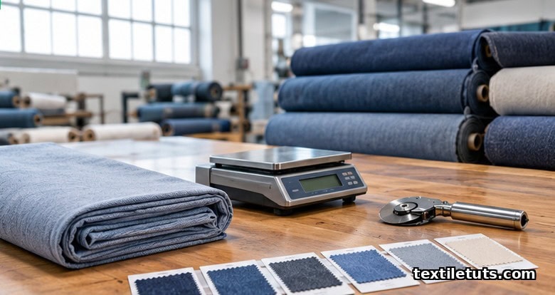 Textile mill quality inspection station with fabric rolls, GSM scale, and folded cotton swatches on a wooden table.