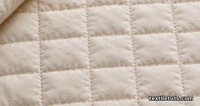Overhead view of a cream wholecloth quilt with parallel crosshatch quilting lines forming a clean two-inch square grid pattern over lofted batting.