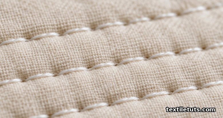 Macro close-up of even white running stitches at 10 to 12 per inch through cream cotton quilting fabric with white cotton batting visible between rows.