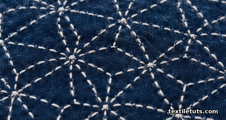 Deep indigo-dyed cotton fabric with traditional white Japanese sashiko running stitches forming a geometric hemp-leaf or wave pattern.