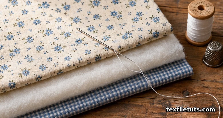 Three layers of quilting fabric — floral cream cotton top, white batting, blue checkered backing — laid on a wooden table with needle and thread.