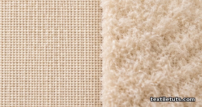 Magnified side-by-side comparison of flat woven cotton beside the same fabric after raising with protruding fibers.
