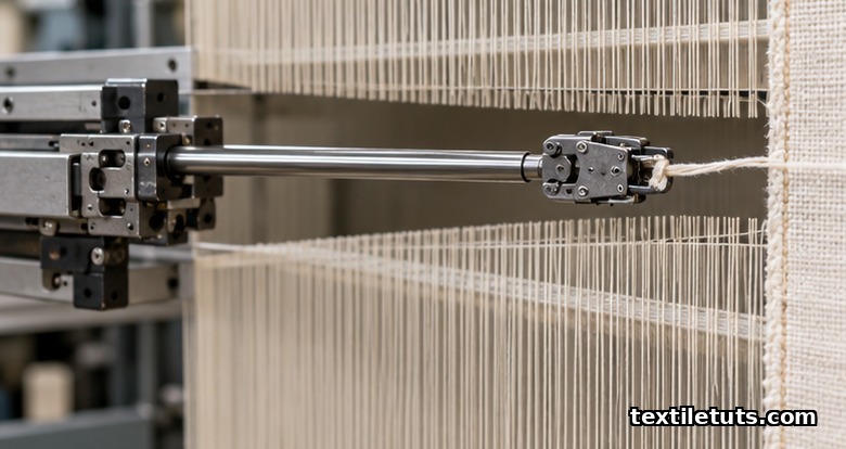 Rigid metal rapier with gripper head holding cotton weft yarn tip across the open warp shed of a rapier loom.